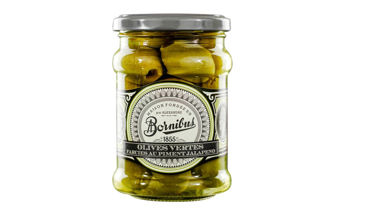 Bornibus : Gevulde groene olijven met jalapeño peper