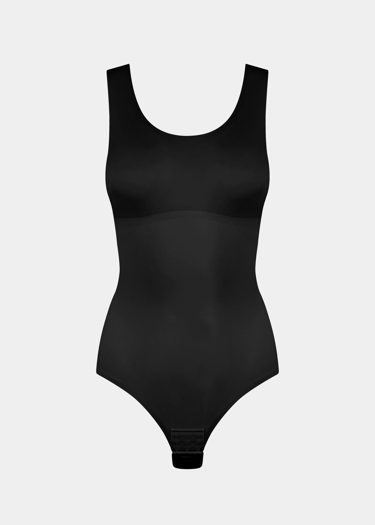 Still product image of Tone Your Body Briefer in black, sleek body-contouring briefer. Smooth powerful recycled fabric providing firm shaping for tummy, waist, and back, with seamless edges, free bust area, smooth shoulders, and hook closure visible.