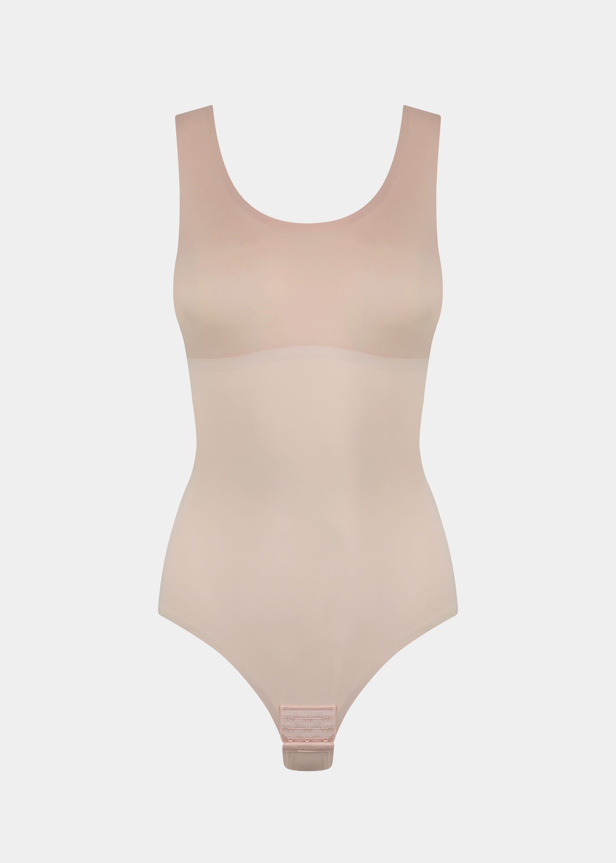 Still product image of Tone Your Body Briefer in cappuccino, sleek body-contouring briefer. Smooth powerful recycled fabric providing firm shaping for tummy, waist, and back, with seamless edges, free bust area, smooth shoulders, and hook closure visible.