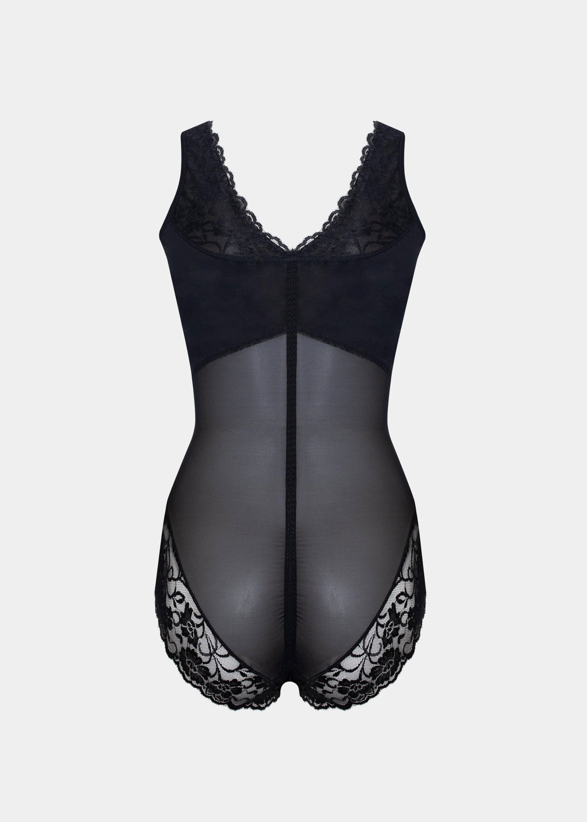 Black lace lingerie bodysuit on a light gray background