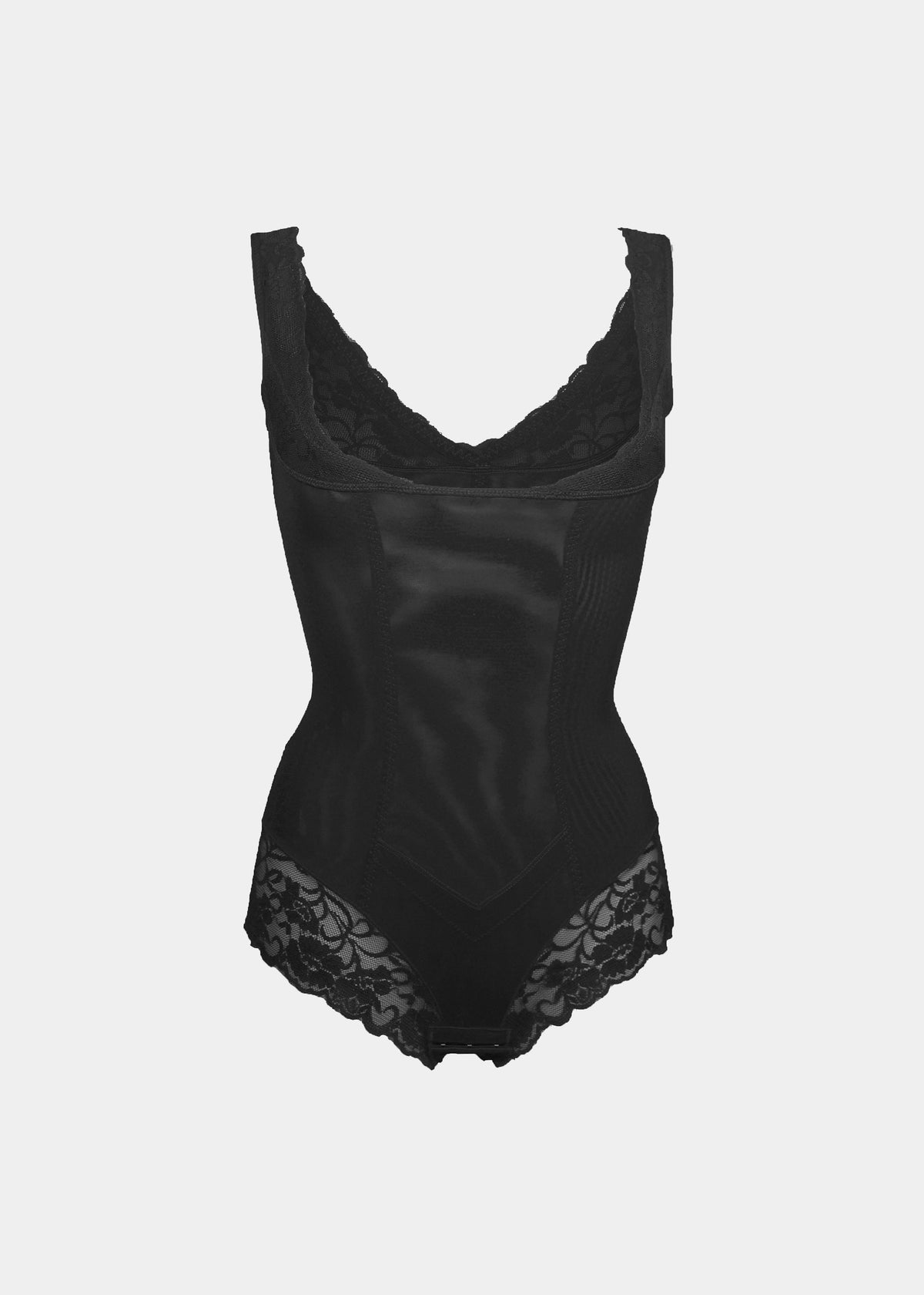 Black satin lingerie set with lace details on a white background