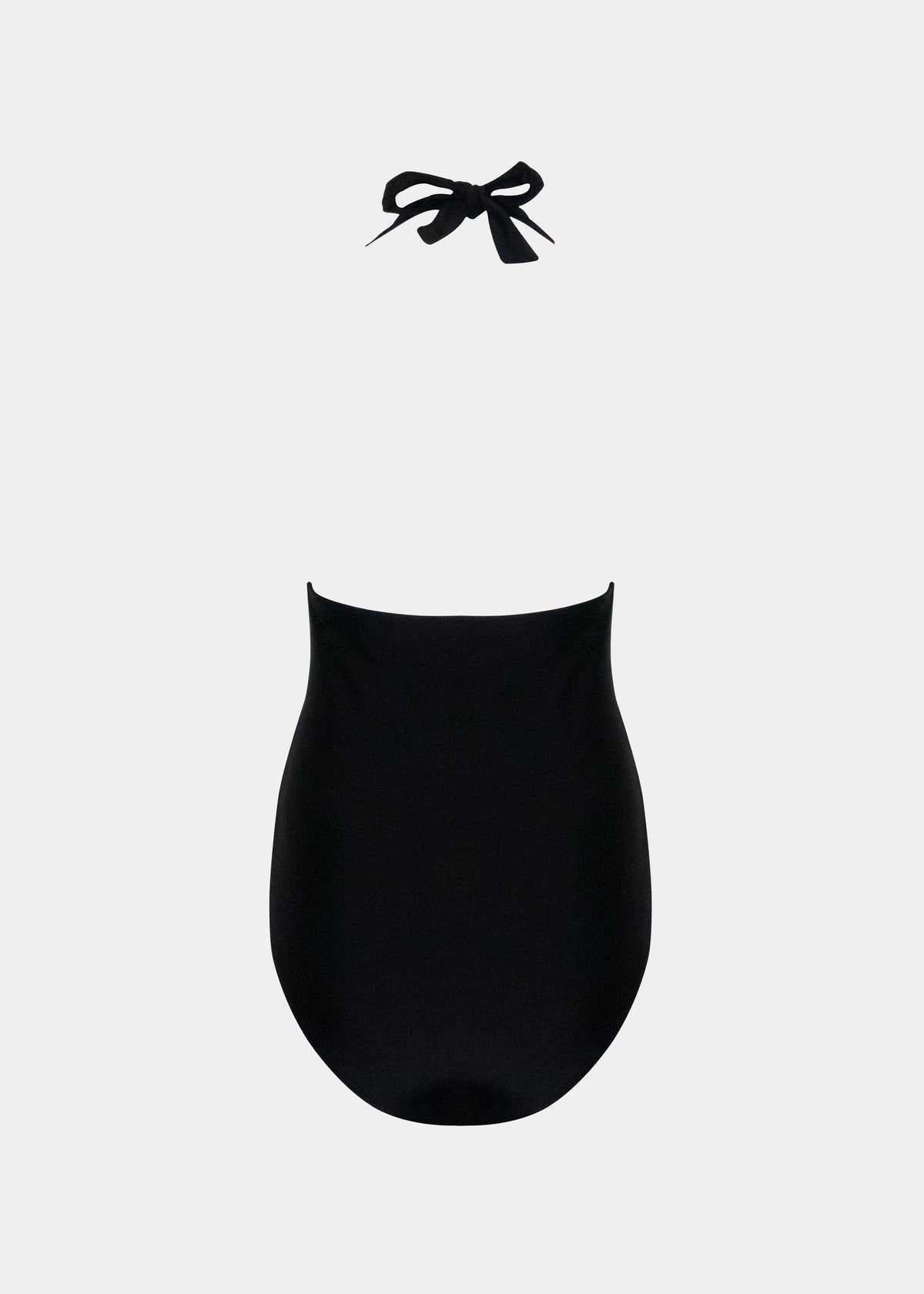 Black Shaping Halter Swimsuit with a bow detail on a white background