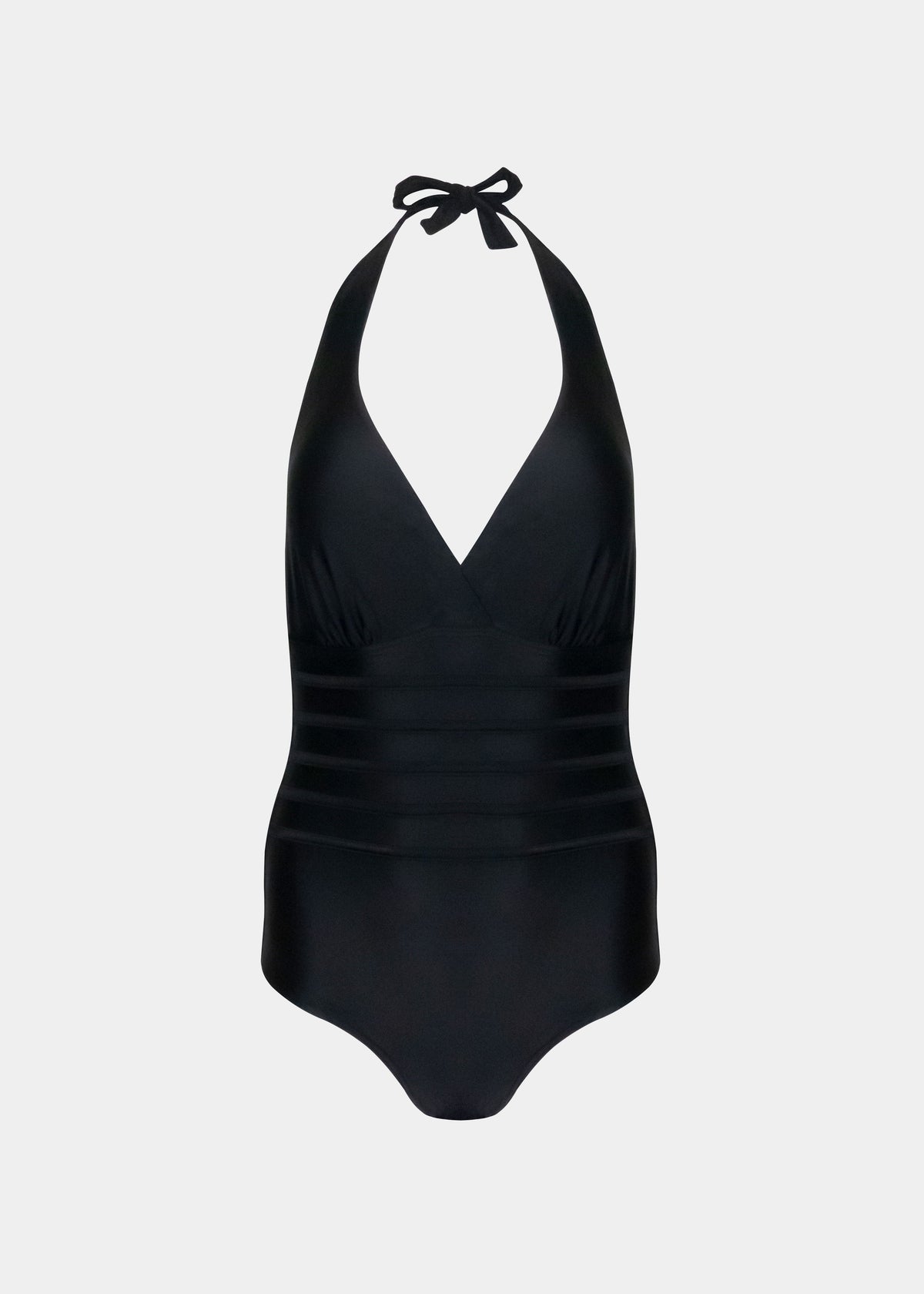 Black halter neck swimsuit on a white background