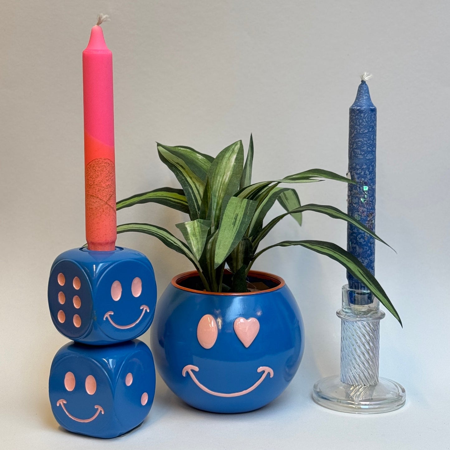 Kaarsenhouder - Dobbelstenen - Blauw/ Roze