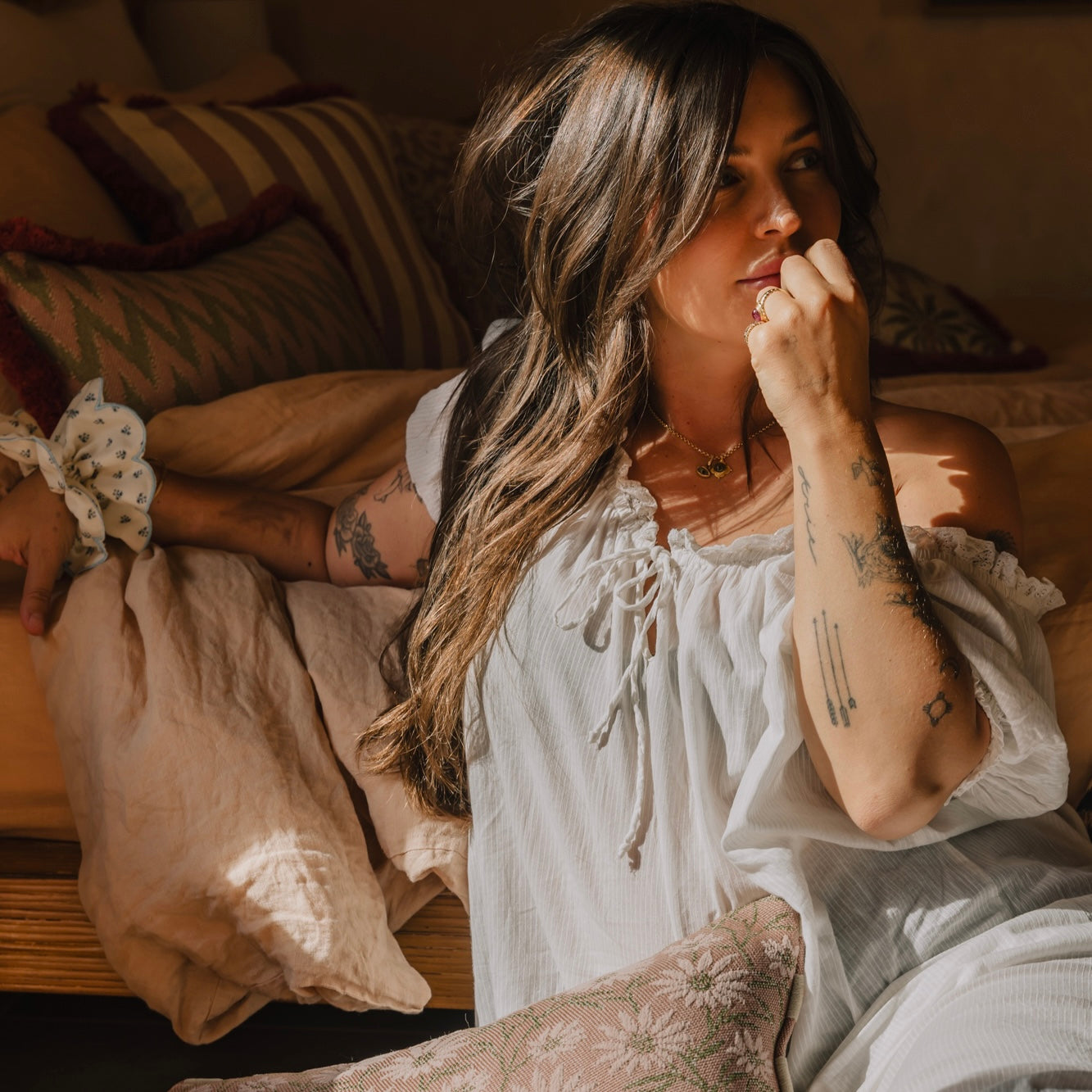 Double sided cushion Jackie Rose & Ecru x Mako Rose & Olive