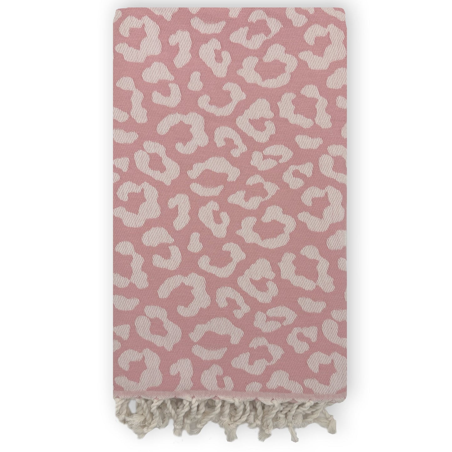 Lantara roze hamamdoek met panterprint van gerecycled katoen en crèmekleurige franjes
