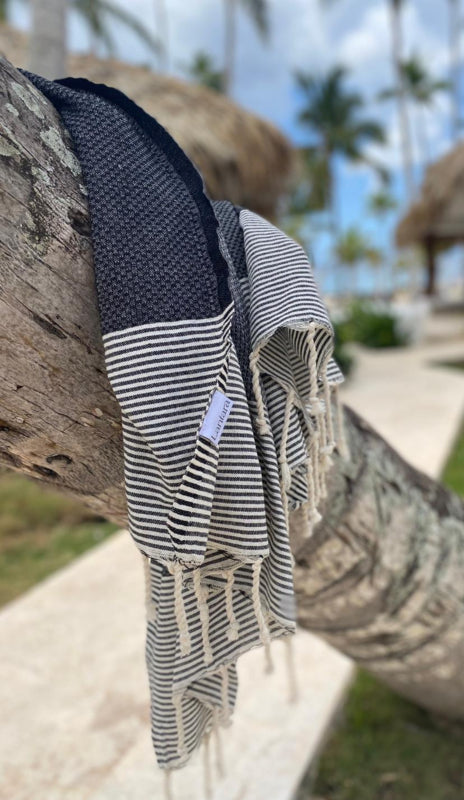 Hamamdoek Wafel - Zwart met ecru streepjes - 100x200cm